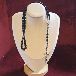 Vintage Black Faceted Beaded Necklace with Cross Pendant- Rosary Religious